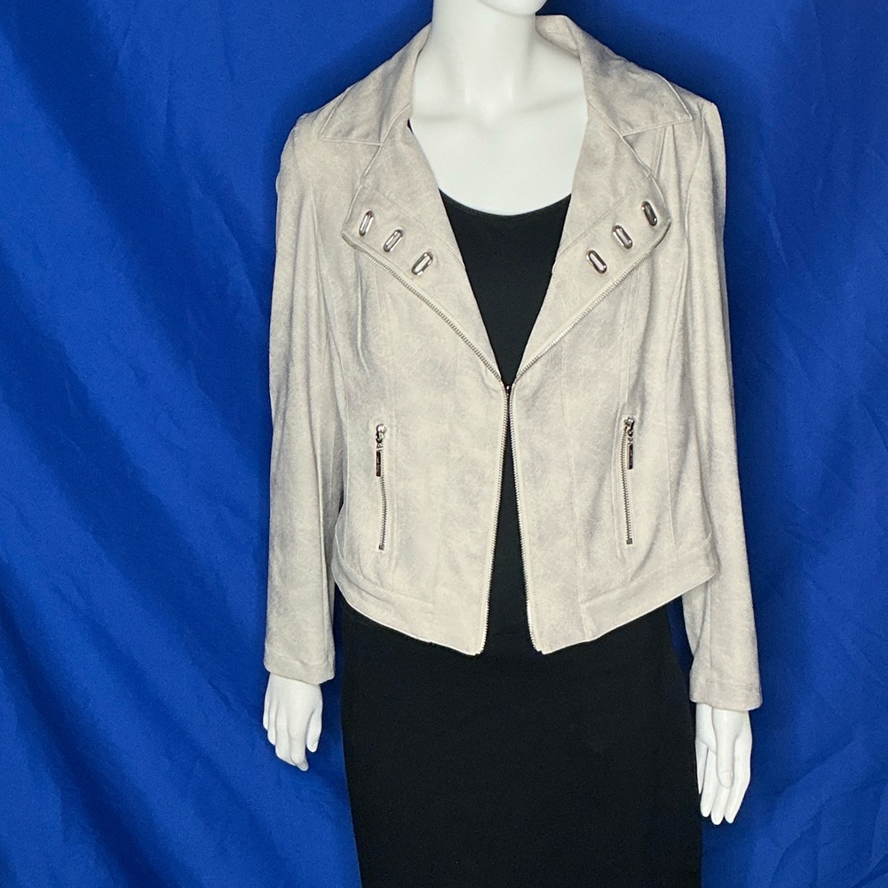 Joseph Ribkoff Cream Leather Jacket w/ Black Skirt